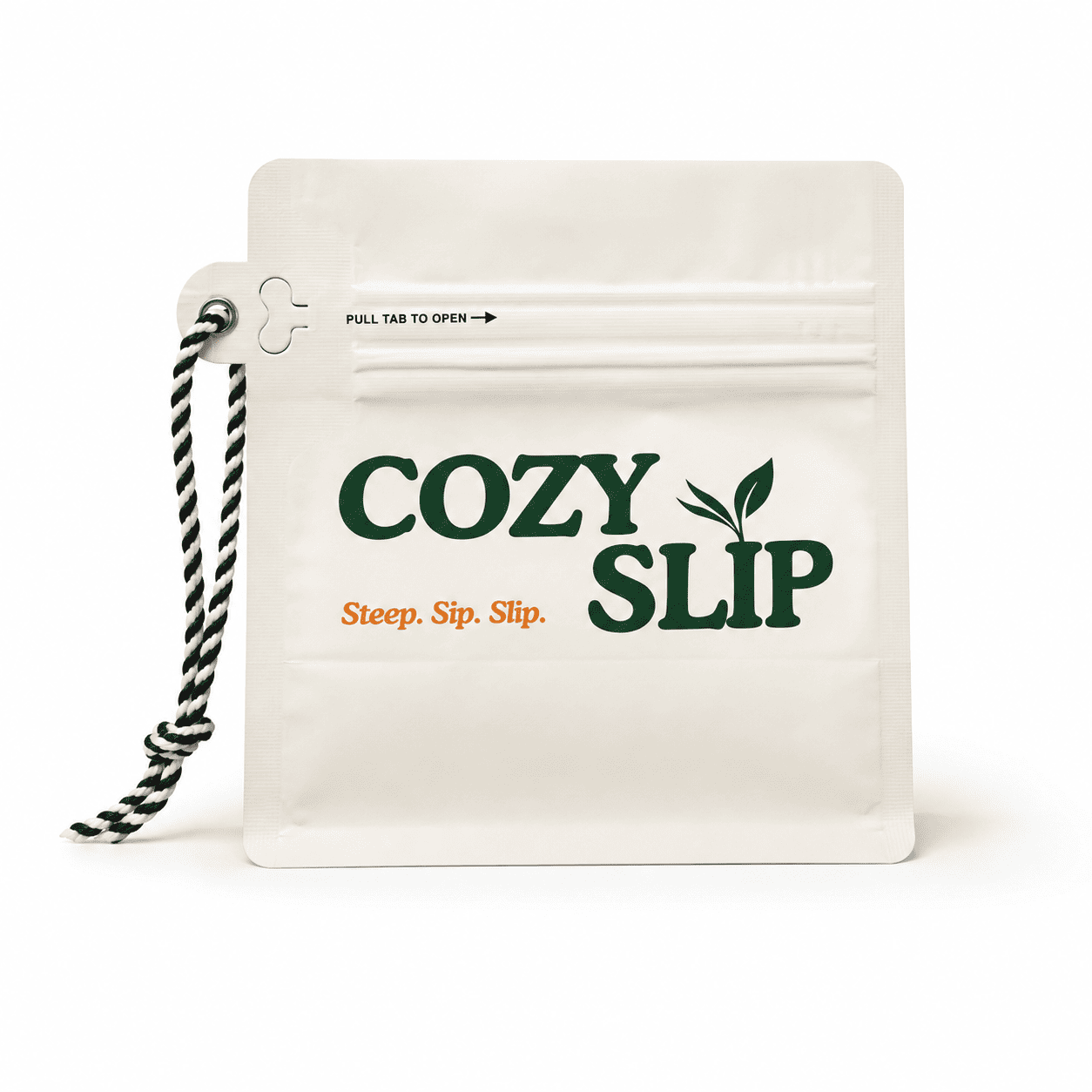 Cozyslip tea package on a white background with green logo and orange tagline
