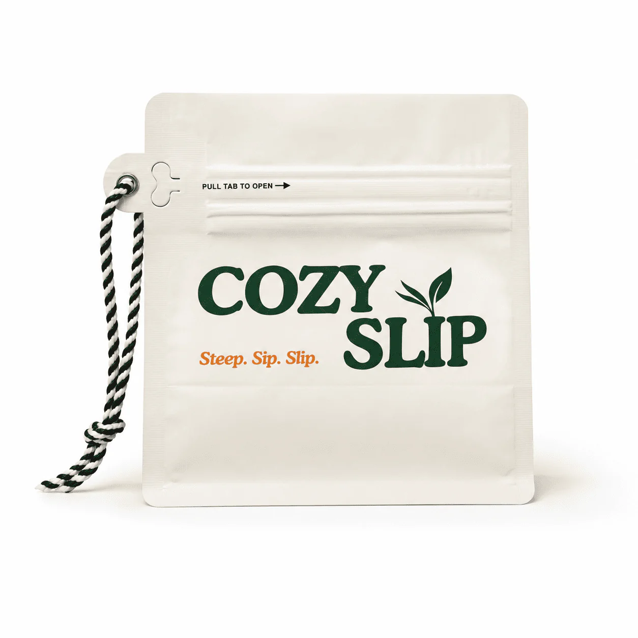 Cozyslip tea package on a white background with green logo and orange tagline