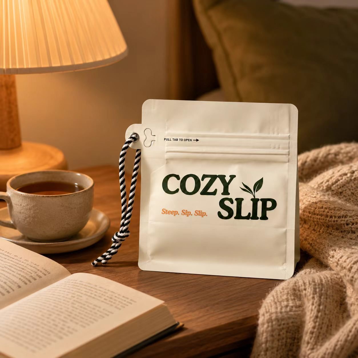 Cozyslip tea package in an evening tea ritual scene with warm lighting