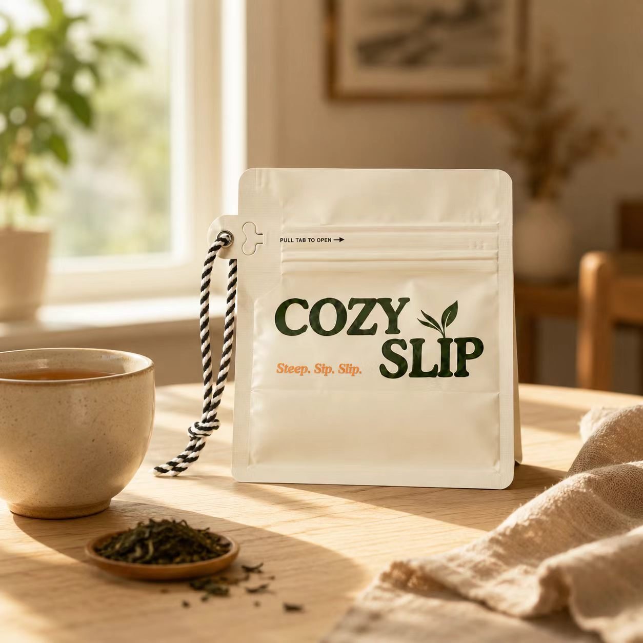 Cozyslip tea package near a morning window with a cozy tea cup
