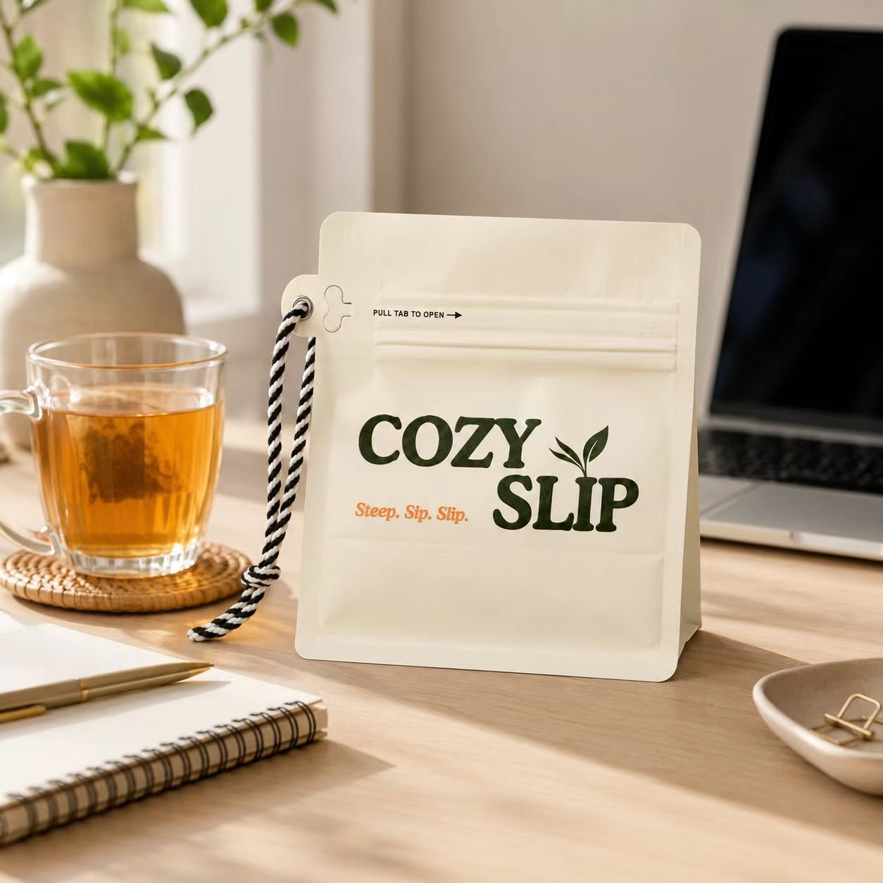 Cozyslip tea package on a workday desk with a cup of tea