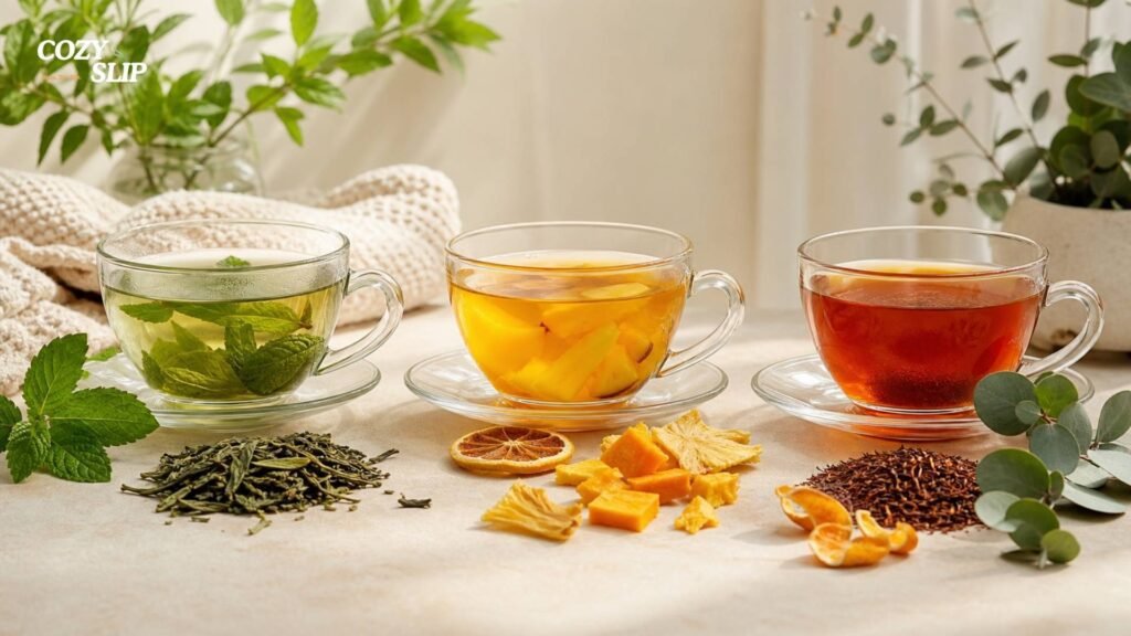 Three cups of Cozyslip mood tea with mint green tea, mango fruit tea, and amber rooibos tea for daily tea rituals.