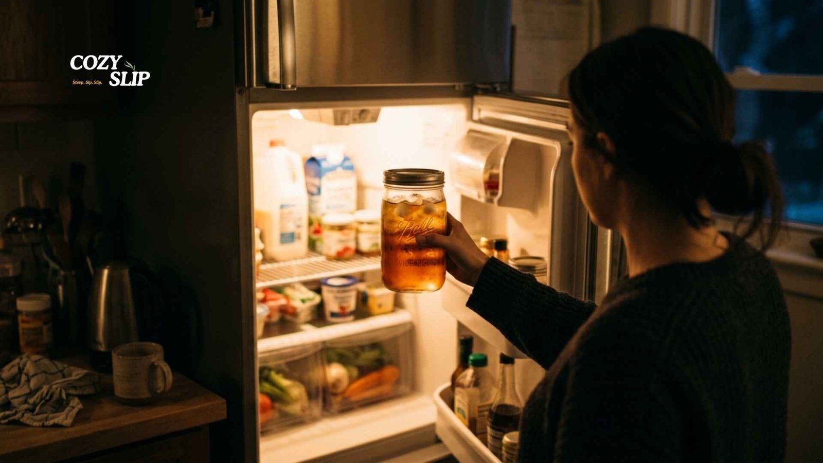How to make cold brew tea: putting mason jar with tea and water into refrigerator overnight