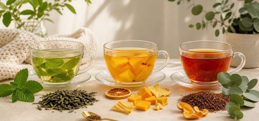 Cozyslip First Sip Set loose leaf tea starter set with Mint Green Tea, Mango Companion, and Eucalyptus Rooibos cups for beginners.