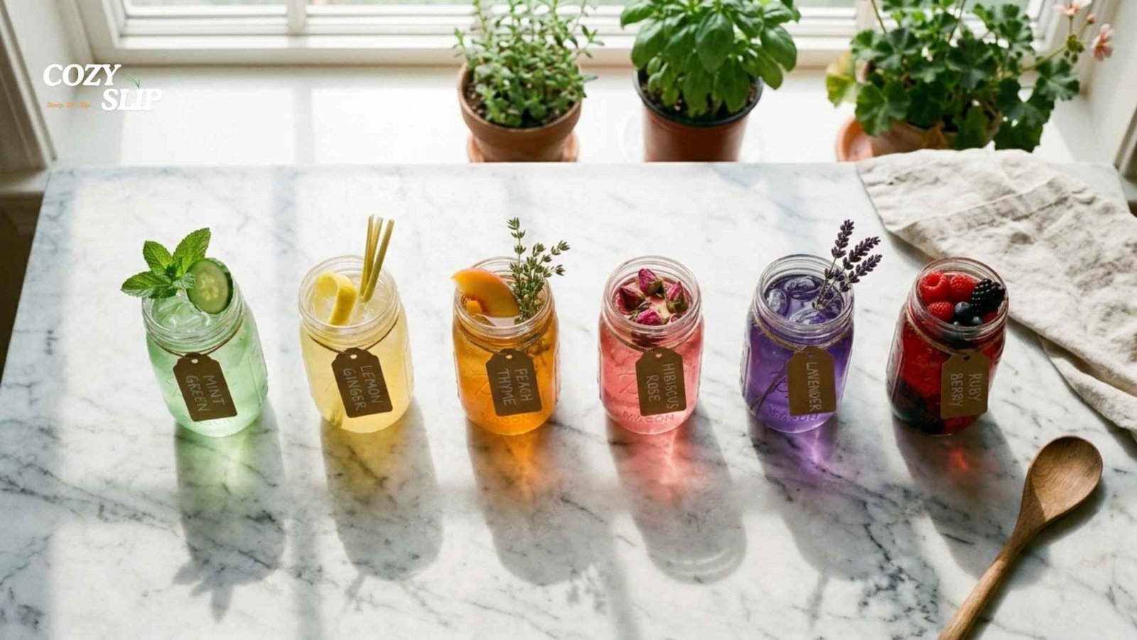 Six best cold brew tea flavors arranged in rainbow gradient from mint green tea to red rooibos