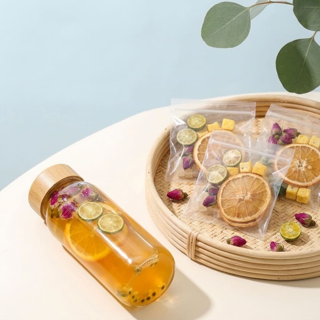 Rose Citrus Bloom single servings with a chilled fruit tea bottle for an easy portable ritual