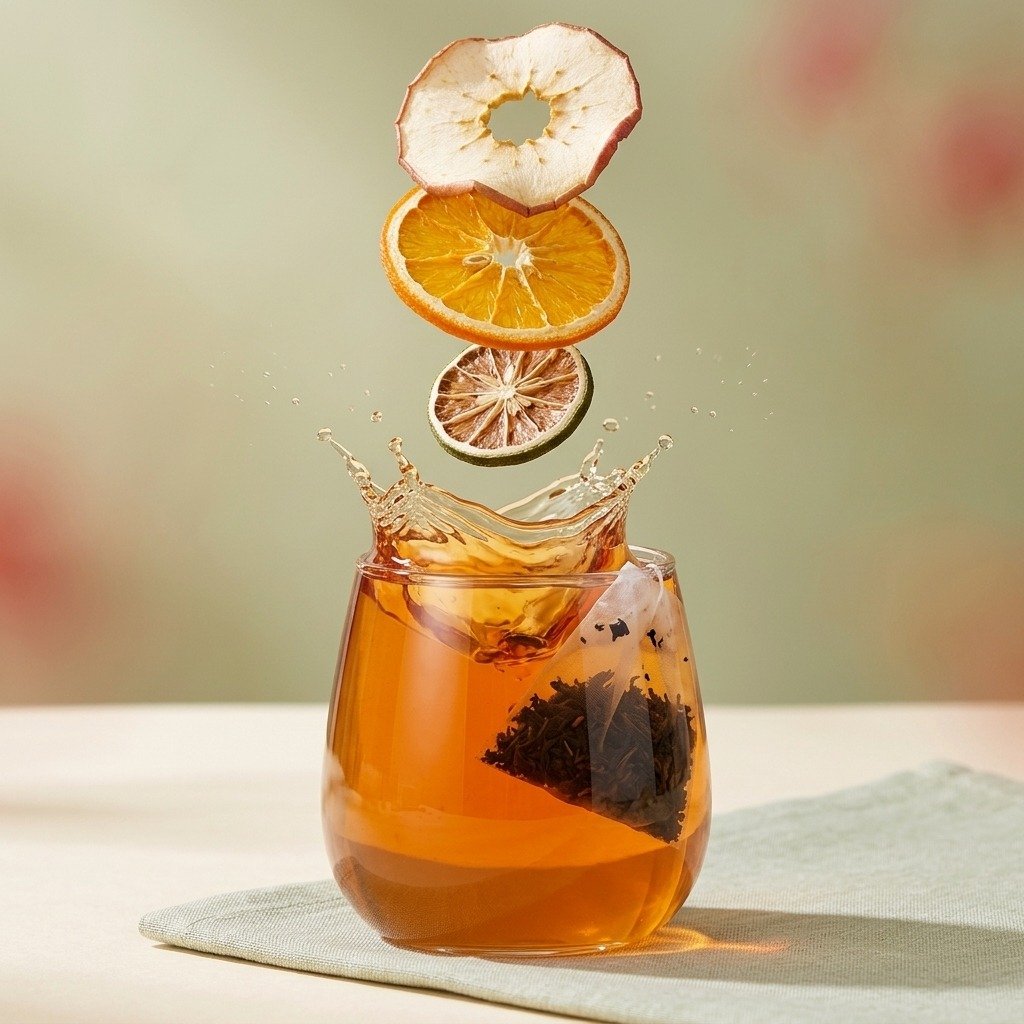 Freeze-dried apple, orange and lime falling toward Apple Orange Ember tea