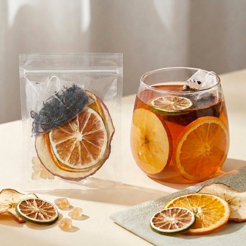 Cozyslip Apple Orange Ember fruit tea serving beside amber apple orange black tea`