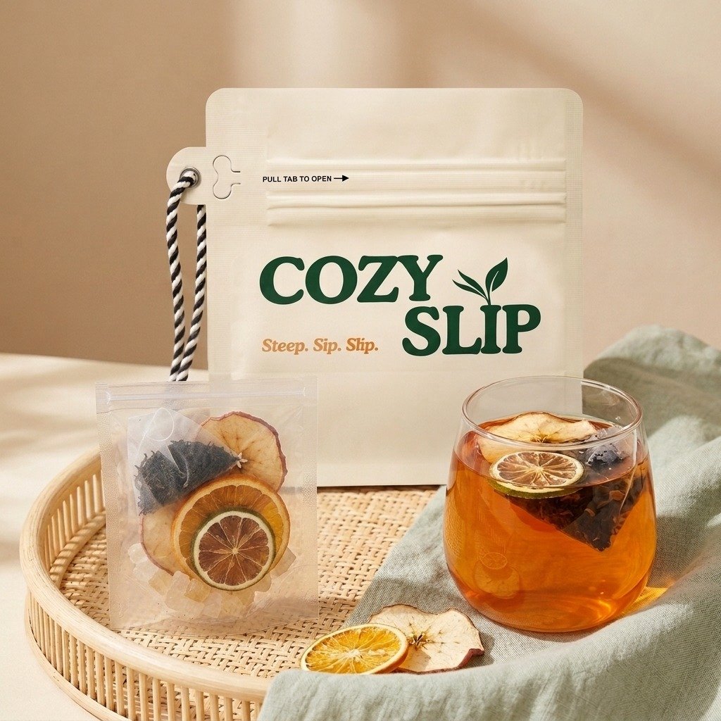 Apple Orange Ember tea gift scene with fruit serving and brewed tea