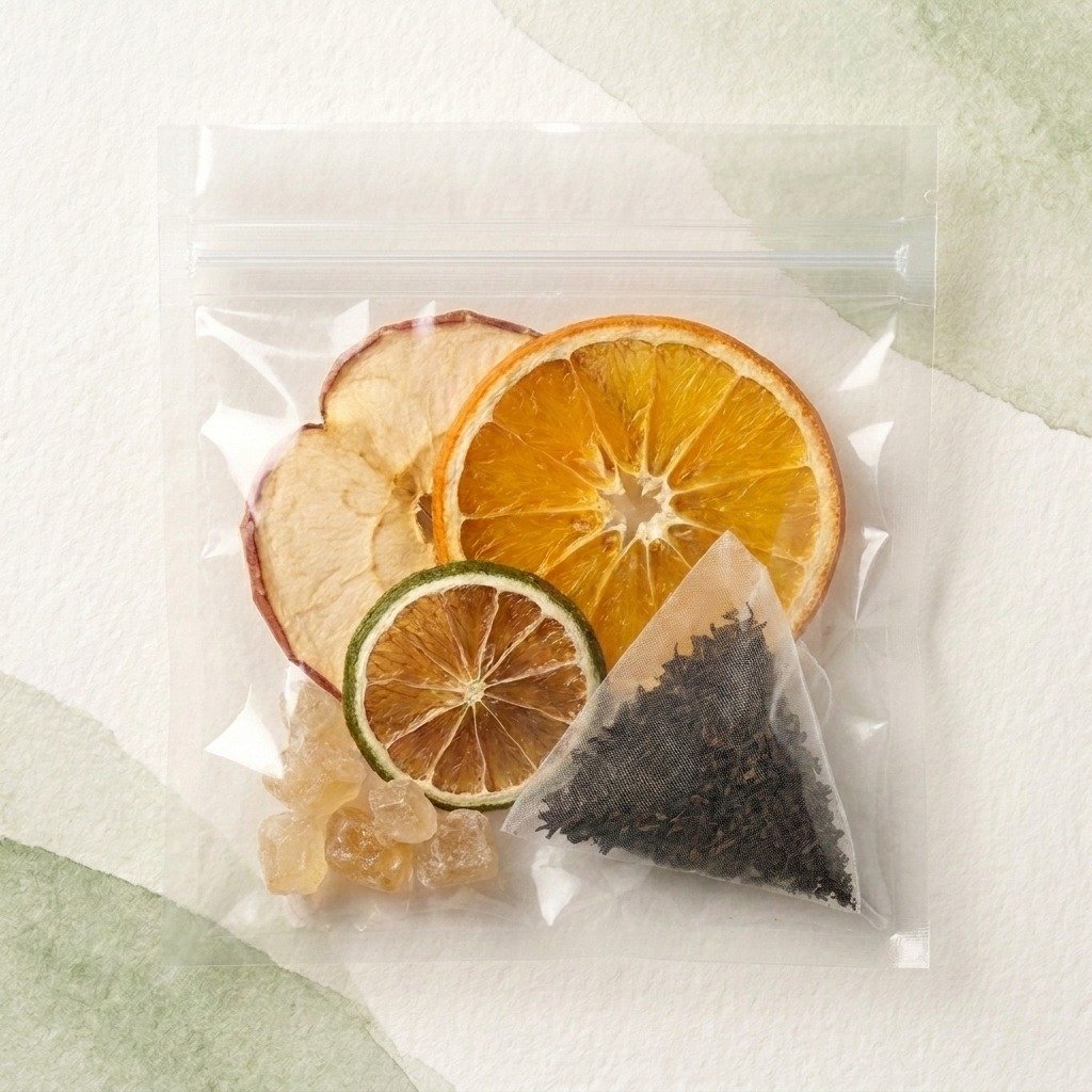 Cozyslip Apple Orange Ember single serving with fruit, tea bag and rock sugar