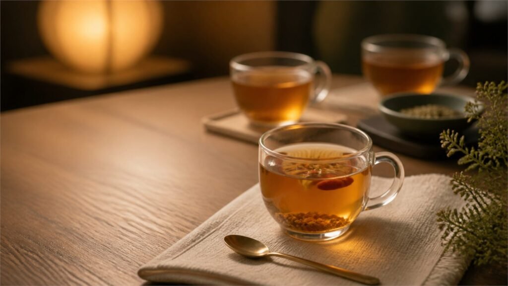 After-dinner tea ritual for beginners with a warm tea cup and gold spoon on an evening table.