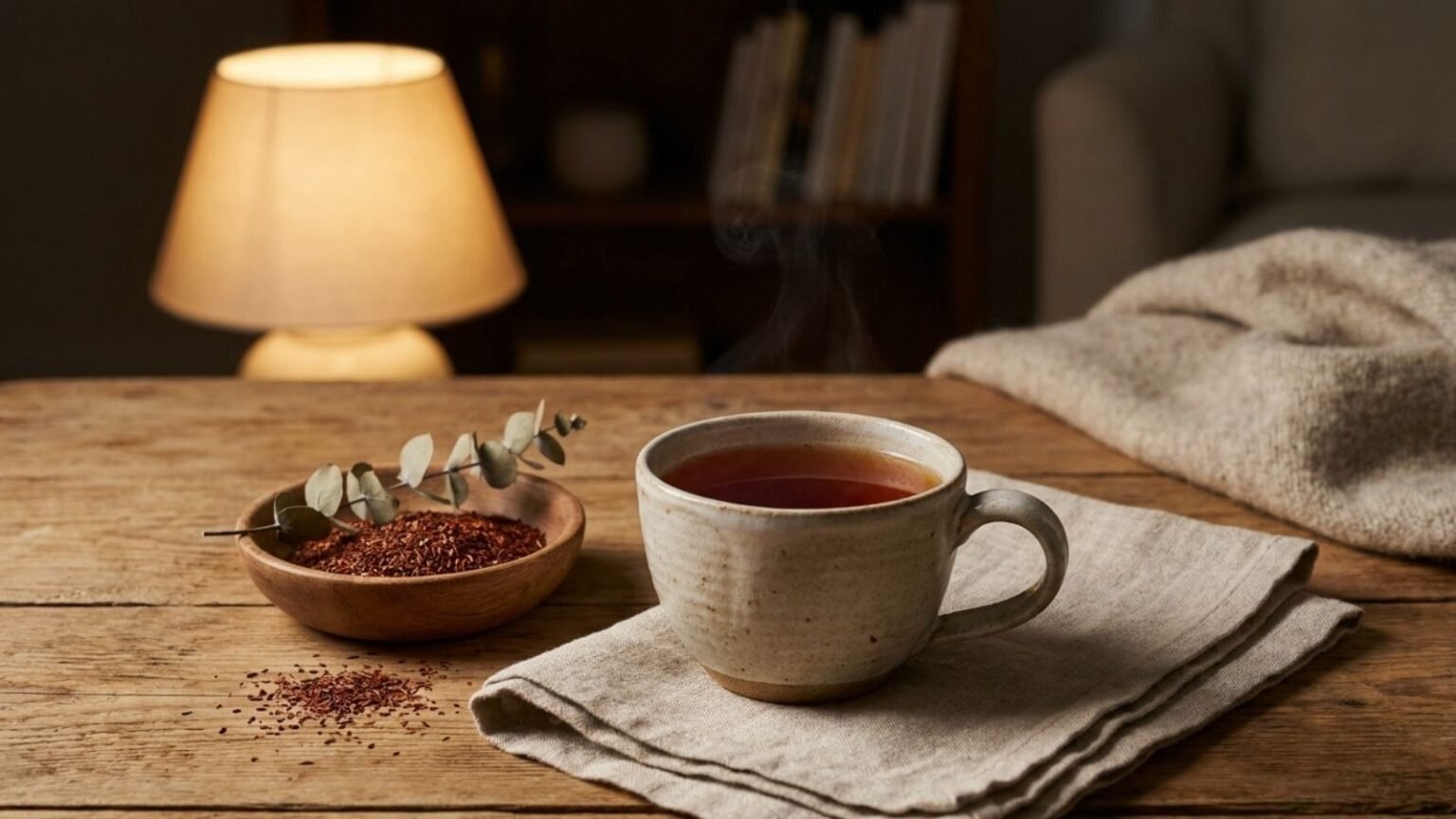 Caffeine-free herbal tea for an evening ritual with warm rooibos tea