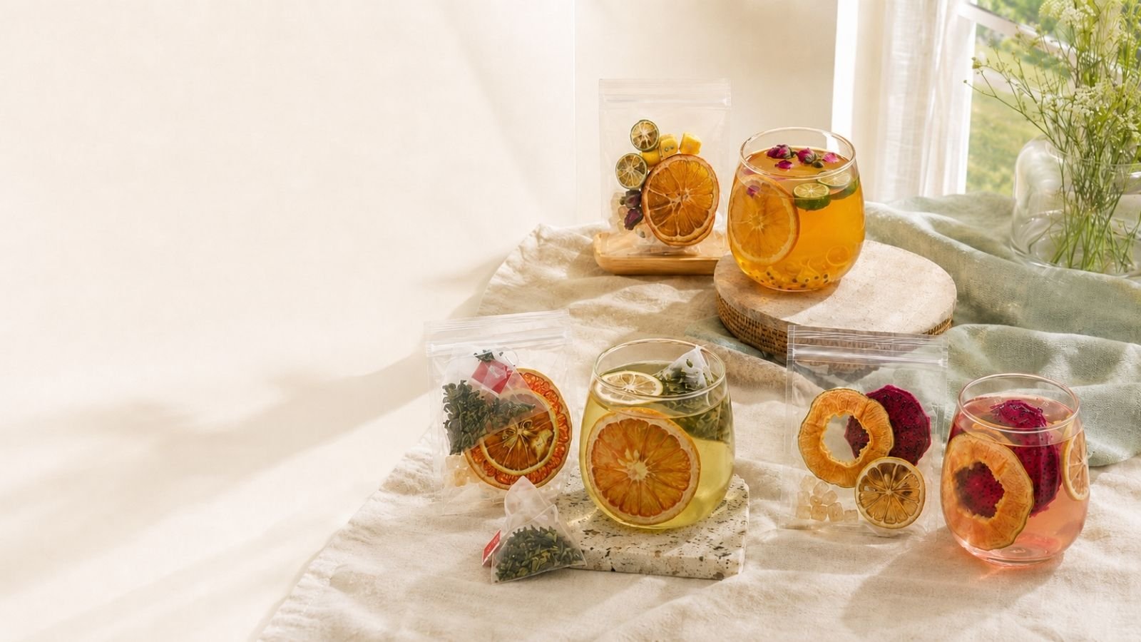 Three Cozyslip fruit tea blends prepared for everyday tea rituals