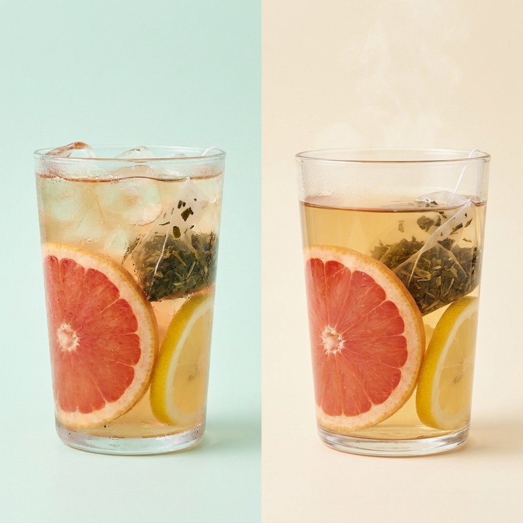 Cold and gently warm Grapefruit Mint Lift brews with grapefruit, lemon and a visible mint tea bag