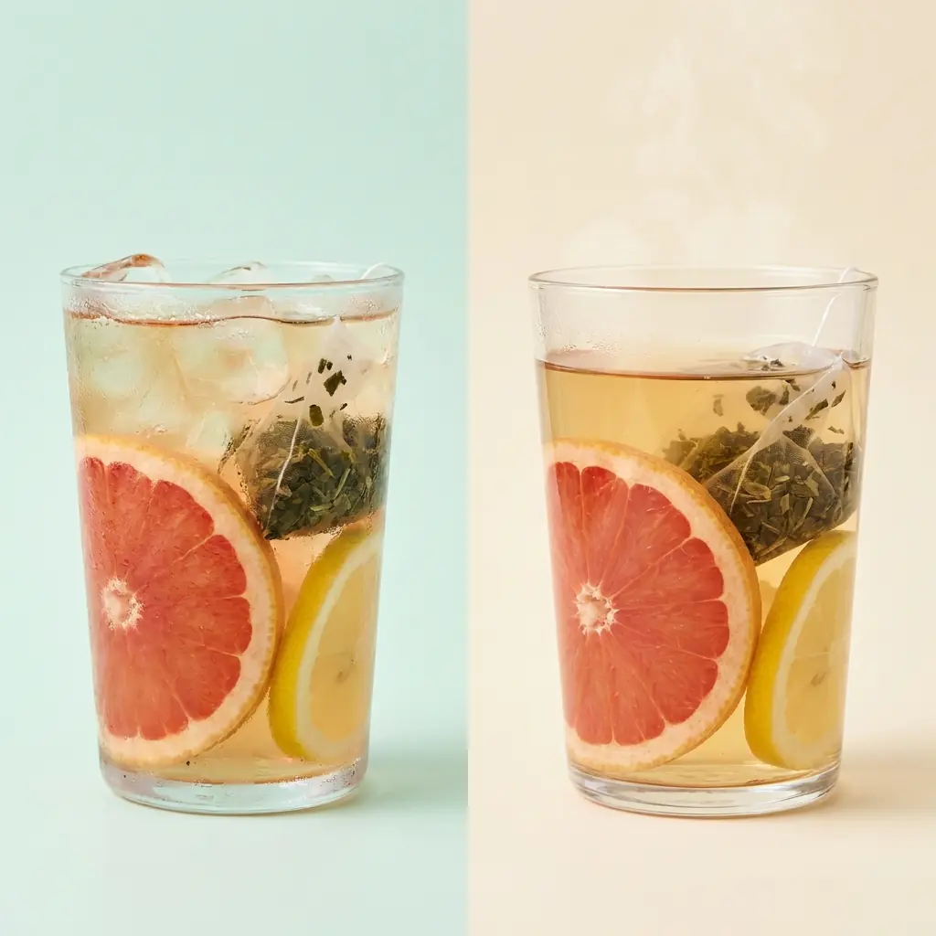 Cold and gently warm Grapefruit Mint Lift brews with grapefruit, lemon and a visible mint tea bag