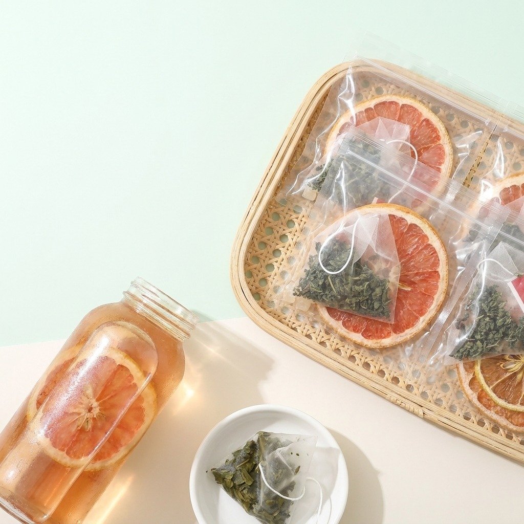 Grapefruit Mint Lift single servings arranged with a chilled citrus tea bottle for a portable ritual