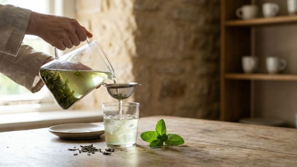 Iced green tea with mint and loose green tea leaves in a simple summer tea ritual.