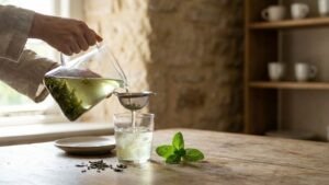 Iced green tea with mint and loose green tea leaves in a simple summer tea ritual.