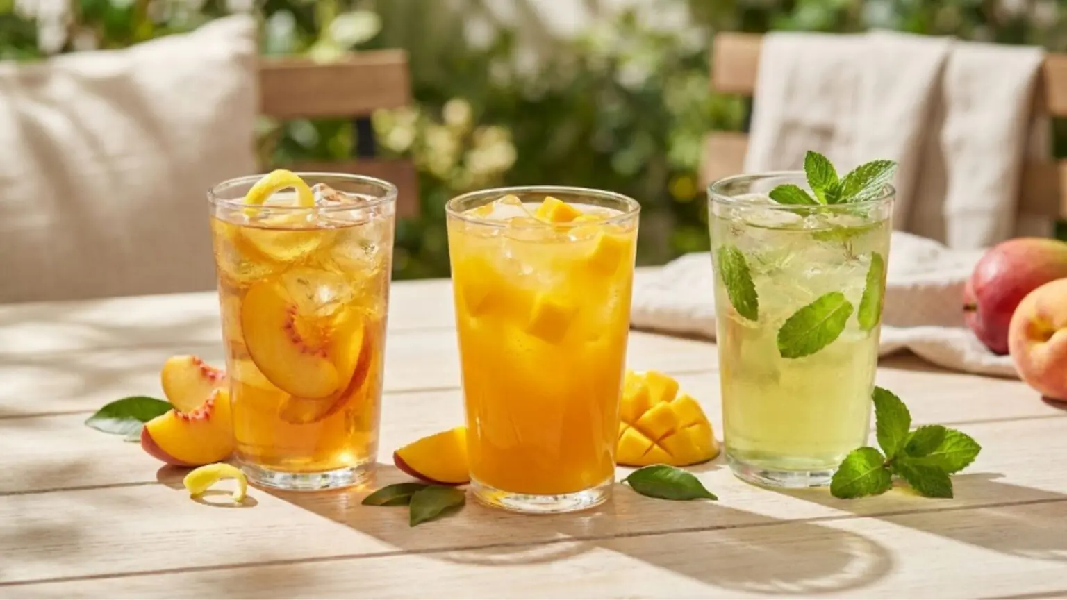 Iced tea ideas for hot weather with three cold tea glasses on a bright patio table.