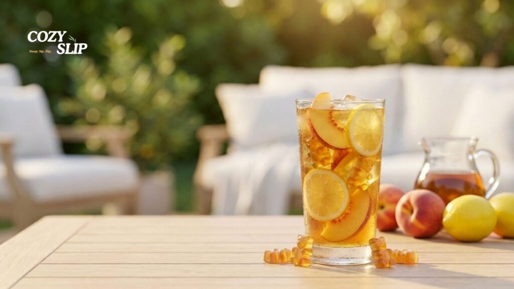 Peach Lemon Gummy iced tea serving idea with optional peach and lemon garnish.