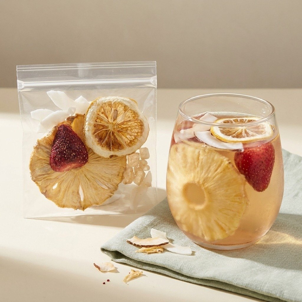 Cozyslip Strawberry Pineapple Coconut fruit tea with an individual fruit serving and a clear brewed gla