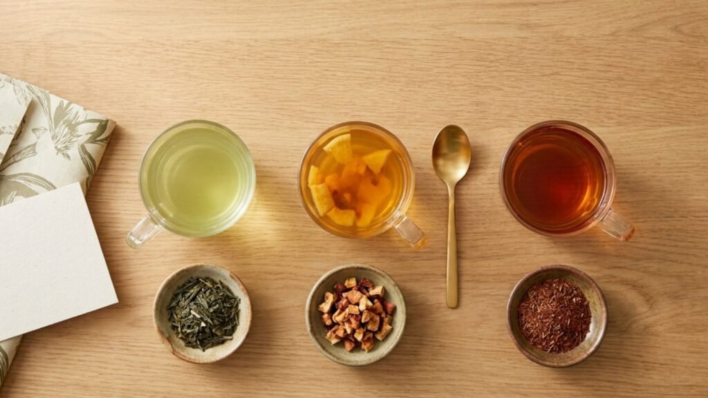 Tea ritual kit for beginners with three tea cups and a gold spoon