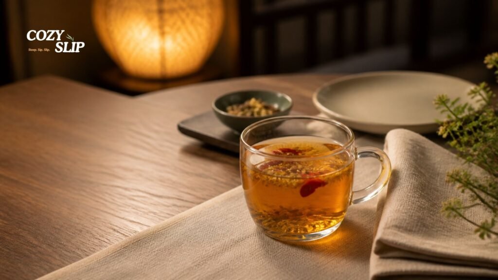 Han Palace Swallow post-meal tea ritual with a warm herbal tea cup on a calm dinner table.