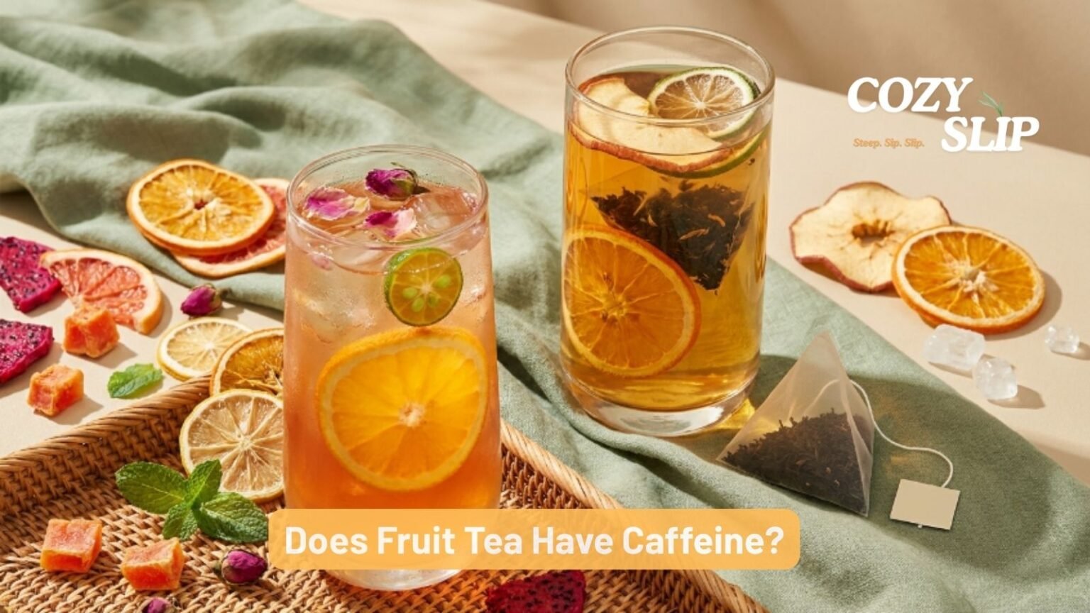 Fruit tea caffeine guide comparing a fruit infusion with apple orange fruit tea and a separate black tea bag
