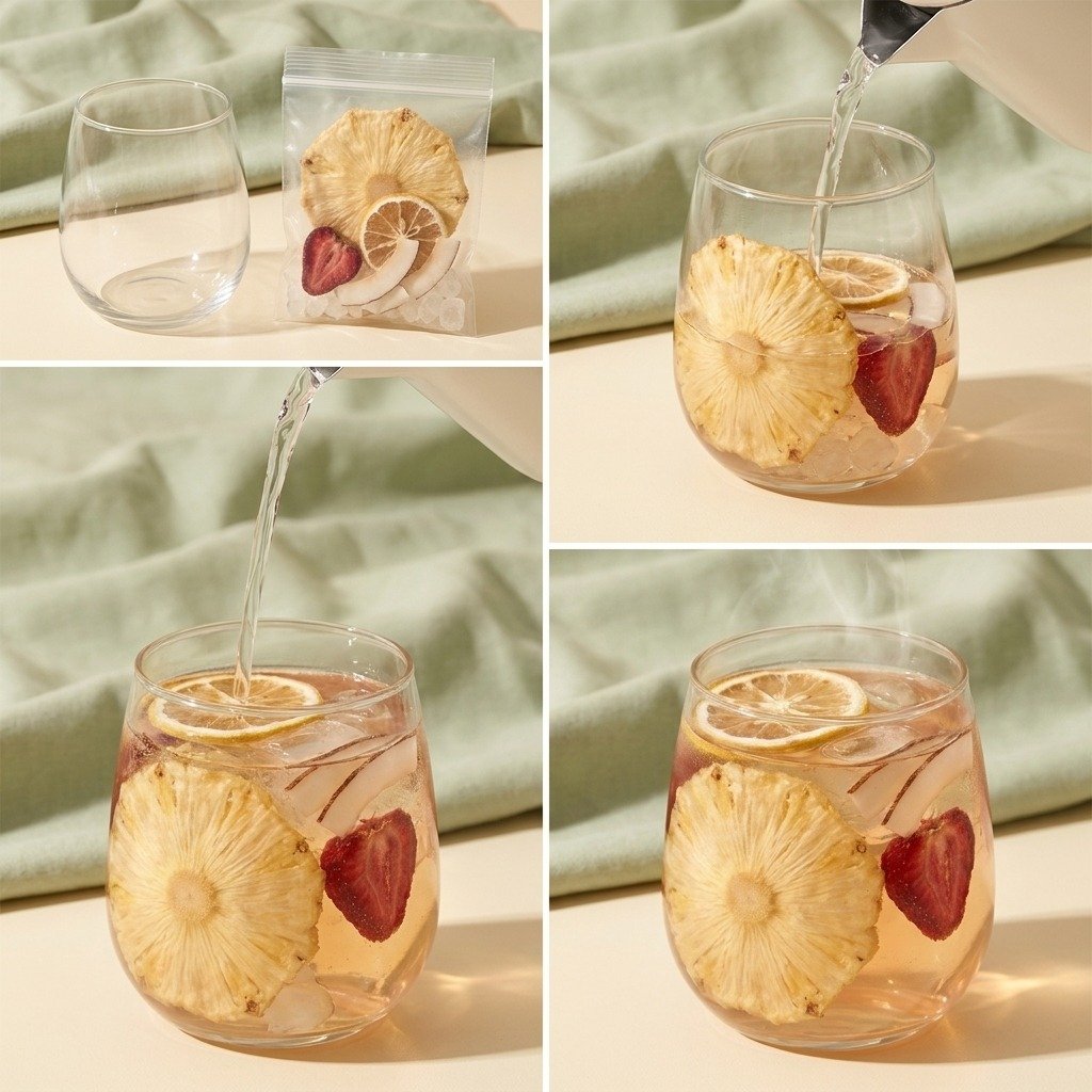 Gentle warm brewing steps for Strawberry Pineapple Coconut fruit tea below 60 degrees Celsius