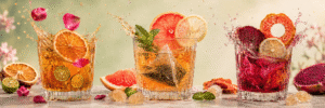 Three colorful Cozyslip fruit tea rituals with citrus, mint, rose, papaya and dragon fruit
