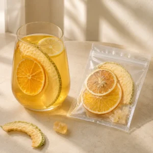 Cantaloupe Orange Fruit Tea a brewed glass beside the transparent single-serving pouch featuring curved open half-ring cantaloupe slices, orange slices and lemon slices in a golden infusion