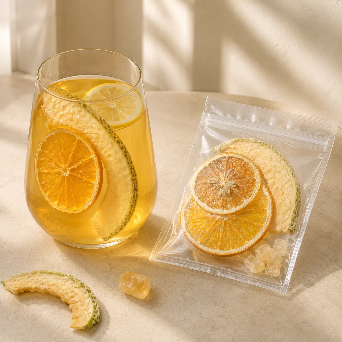 Cantaloupe Orange Fruit Tea a brewed glass beside the transparent single-serving pouch featuring curved open half-ring cantaloupe slices, orange slices and lemon slices in a golden infusion