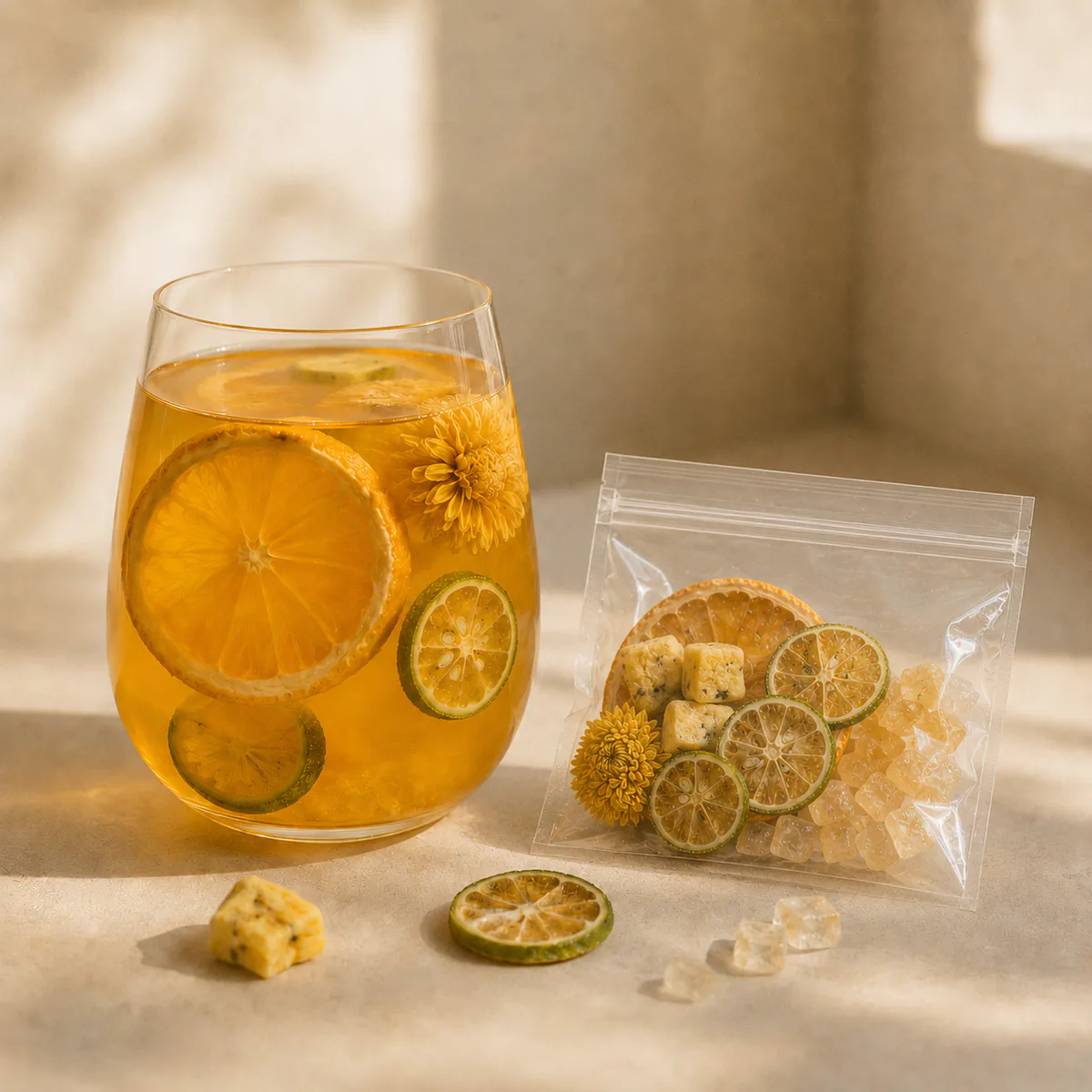 Chrysanthemum Orange Fruit Tea a brewed glass beside the transparent single-serving pouch featuring orange slices, green-kumquat slices, one whole golden chrysanthemum and passion fruit in a golden infusion