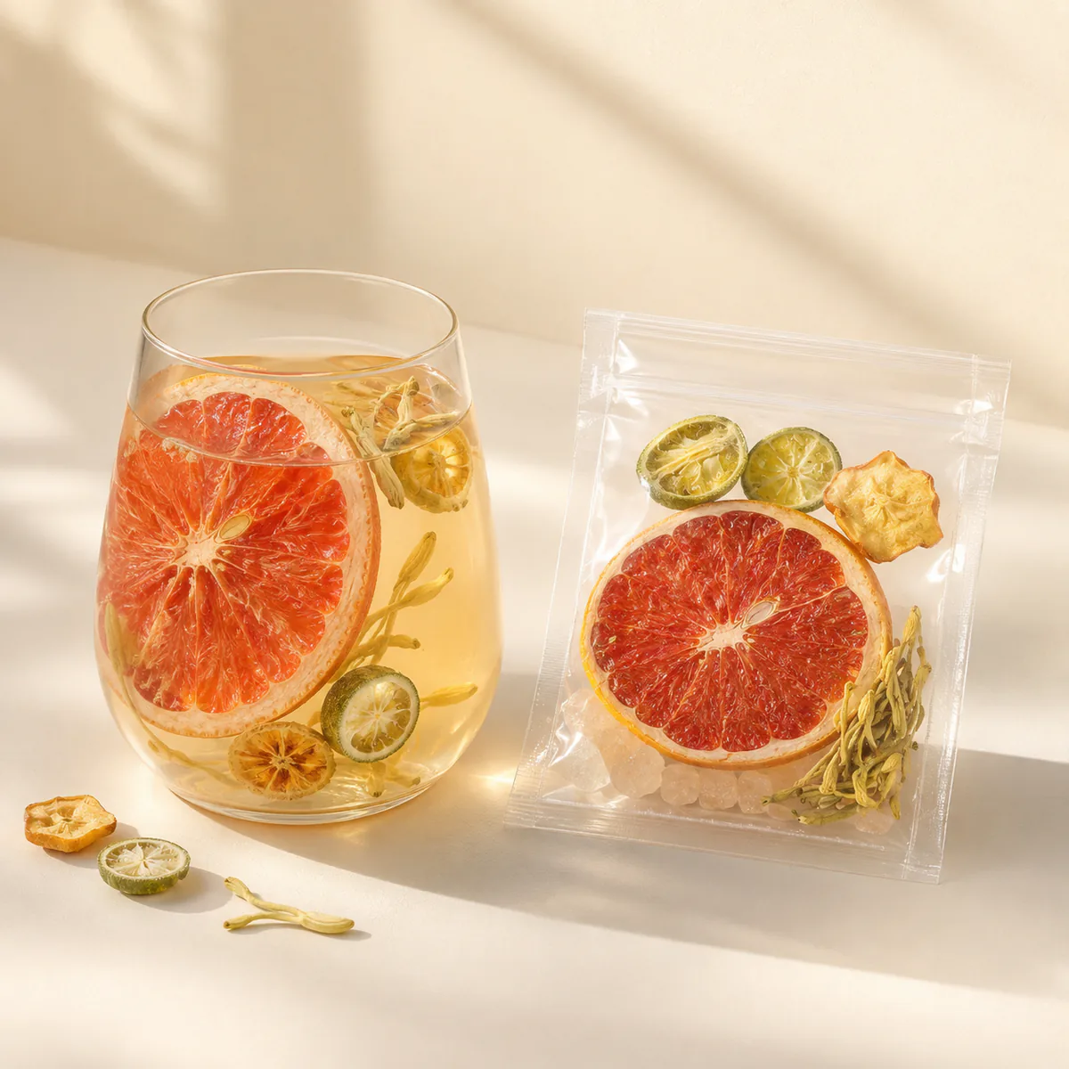 Honeysuckle Grapefruit Tea a brewed glass beside the transparent single-serving pouch featuring a large grapefruit slice, layered kumquat and slender pale-golden honeysuckle buds in a light infusion