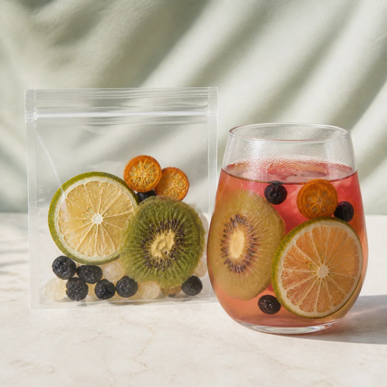 Lemon Black Currant Fruit Tea transparent serving pouch beside a pale ruby fruit-tea glass with lime and kiwi