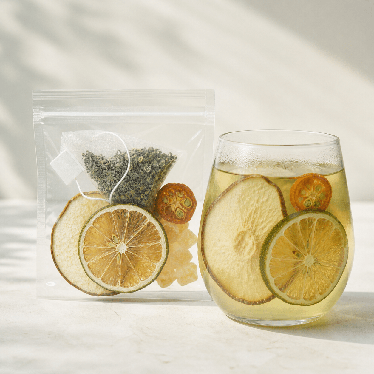 Mint Lime Tea transparent serving pouch beside a brewed glass with lime, pear and one triangular mint tea bag