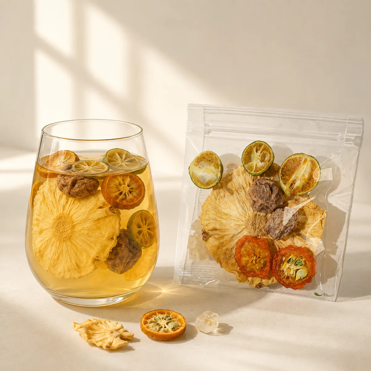 Pineapple Preserved Plum Fruit Drink a brewed glass beside the transparent single-serving pouch featuring pineapple slices, green and golden kumquat, and dark preserved plums in a golden infusion