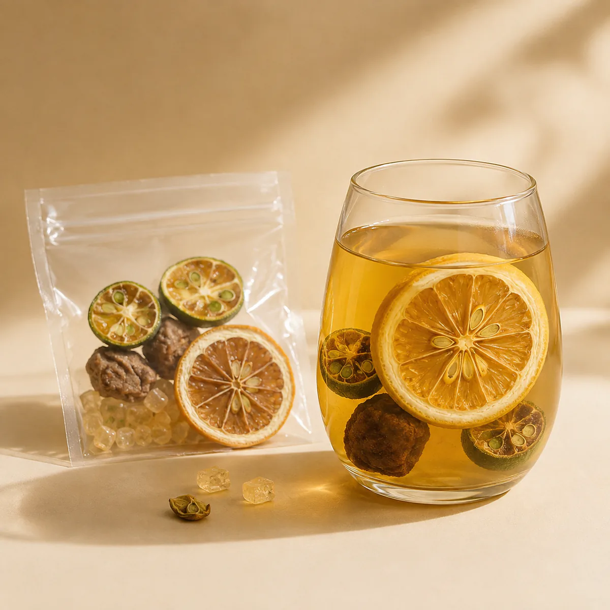 Salted Lemon Tea a brewed glass beside the transparent single-serving pouch featuring a large lemon slice, green-kumquat halves and dark preserved plums in a golden infusion