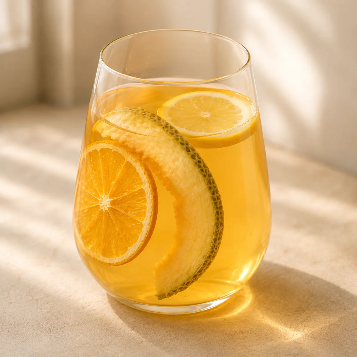Cantaloupe Orange Fruit Tea a close-up brewed glass with large ingredients against the glass wall featuring curved open half-ring cantaloupe slices, orange slices and lemon slices in a golden infusion