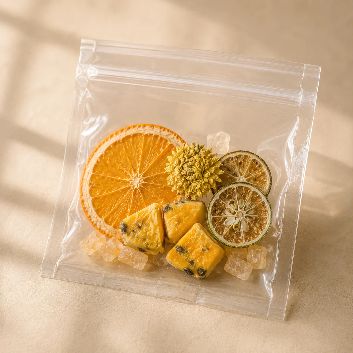 Chrysanthemum Orange Fruit Tea the transparent single-serving pouch with visible dry ingredients featuring orange slices, green-kumquat slices, one whole golden chrysanthemum and passion fruit in a golden infusion
