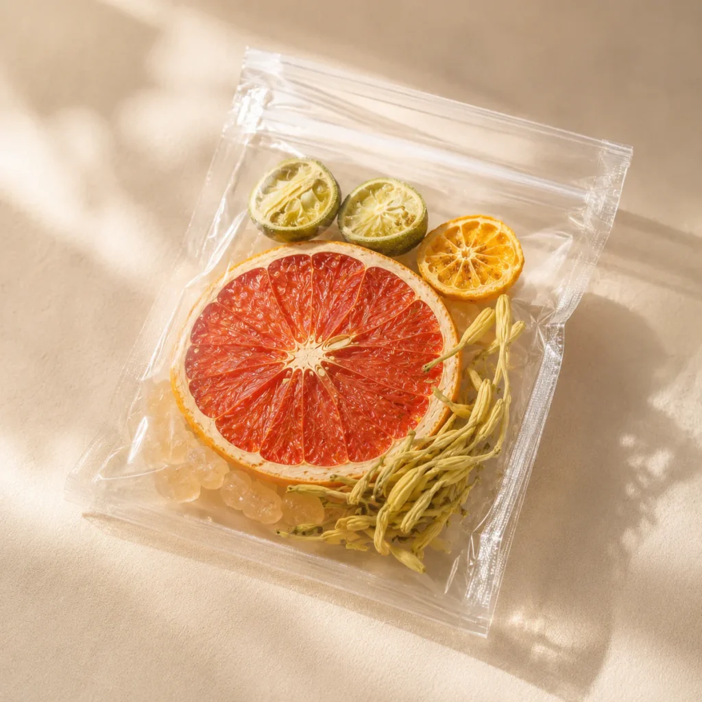 Honeysuckle Grapefruit Tea the transparent single-serving pouch with visible dry ingredients featuring a large grapefruit slice, layered kumquat and slender pale-golden honeysuckle buds in a light infusion