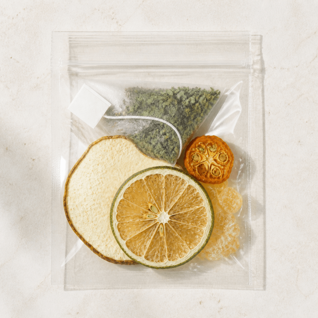Mint Lime Tea square transparent pouch showing lime, pear, kumquat, pale amber rock sugar and one triangular mint tea bag