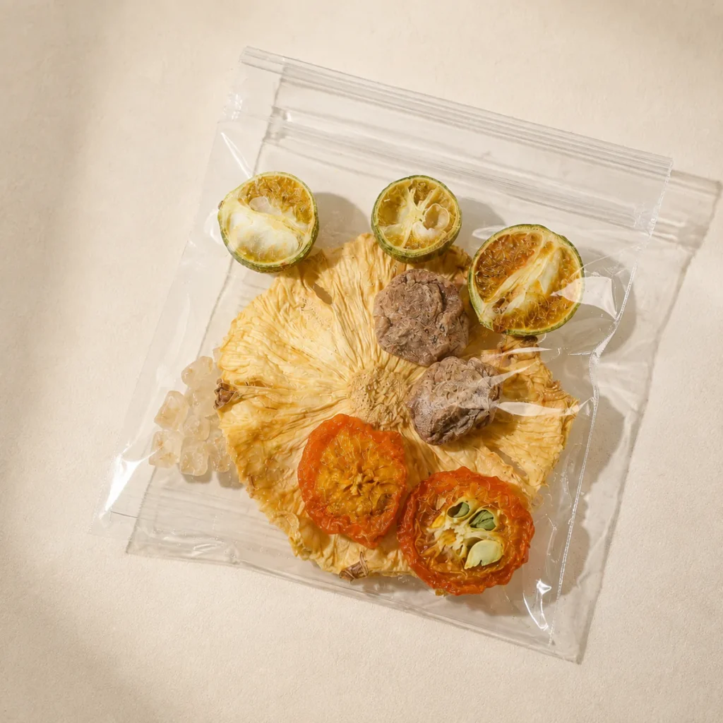 Pineapple Preserved Plum Fruit Drink the transparent single-serving pouch with visible dry ingredients featuring pineapple slices, green and golden kumquat, and dark preserved plums in a golden infusion