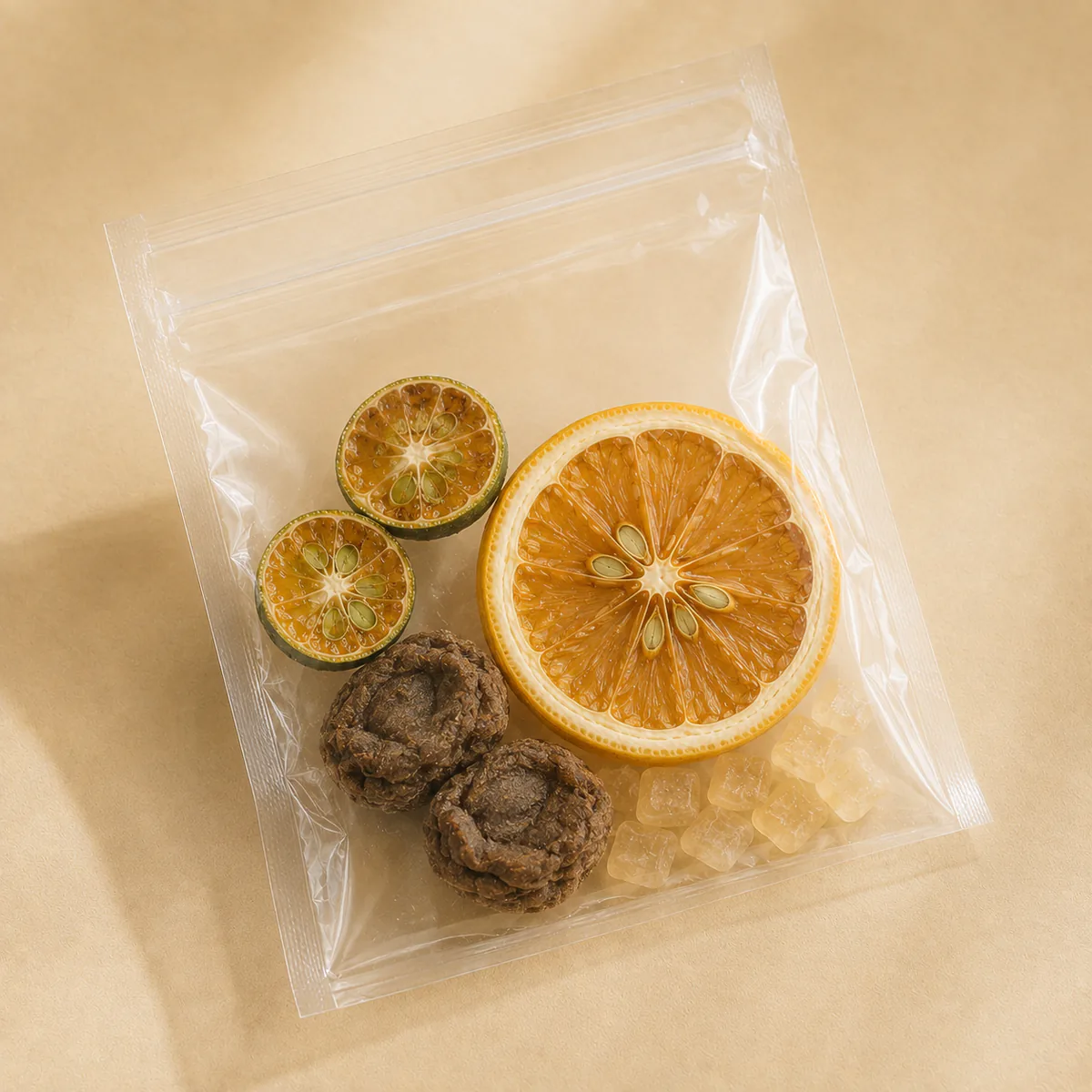 Salted Lemon Tea the transparent single-serving pouch with visible dry ingredients featuring a large lemon slice, green-kumquat halves and dark preserved plums in a golden infusion