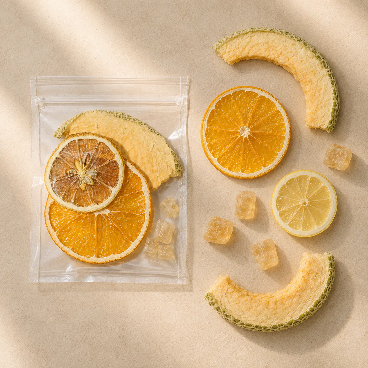 Cantaloupe Orange Fruit Tea the dry ingredients and transparent serving pouch arranged from above featuring curved open half-ring cantaloupe slices, orange slices and lemon slices in a golden infusion