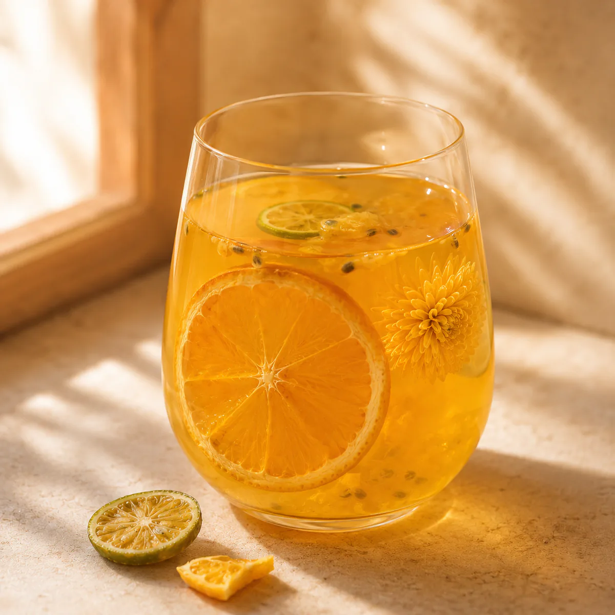 Chrysanthemum Orange Fruit Tea a close-up brewed glass with large ingredients against the glass wall featuring orange slices, green-kumquat slices, one whole golden chrysanthemum and passion fruit in a golden infusion
