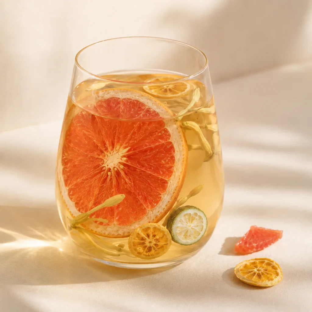 Honeysuckle Grapefruit Tea a close-up brewed glass with large ingredients against the glass wall featuring a large grapefruit slice, layered kumquat and slender pale-golden honeysuckle buds in a light infusion