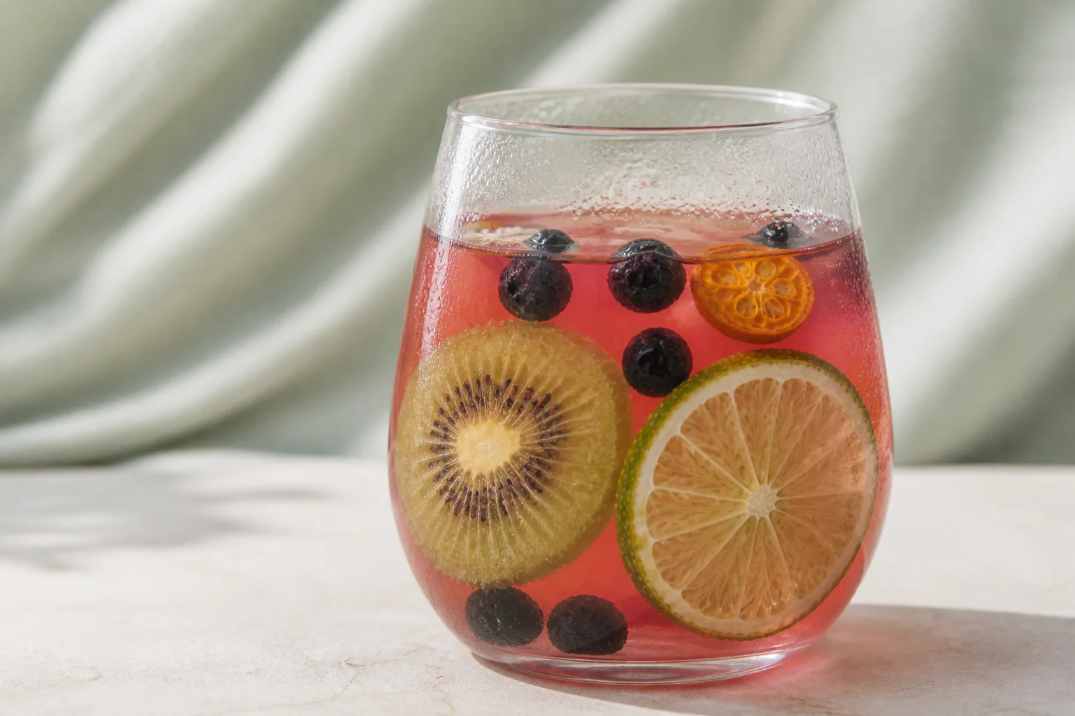 Lemon Black Currant Fruit Tea pale ruby brewed glass with intact lime and kiwi against the glass wall