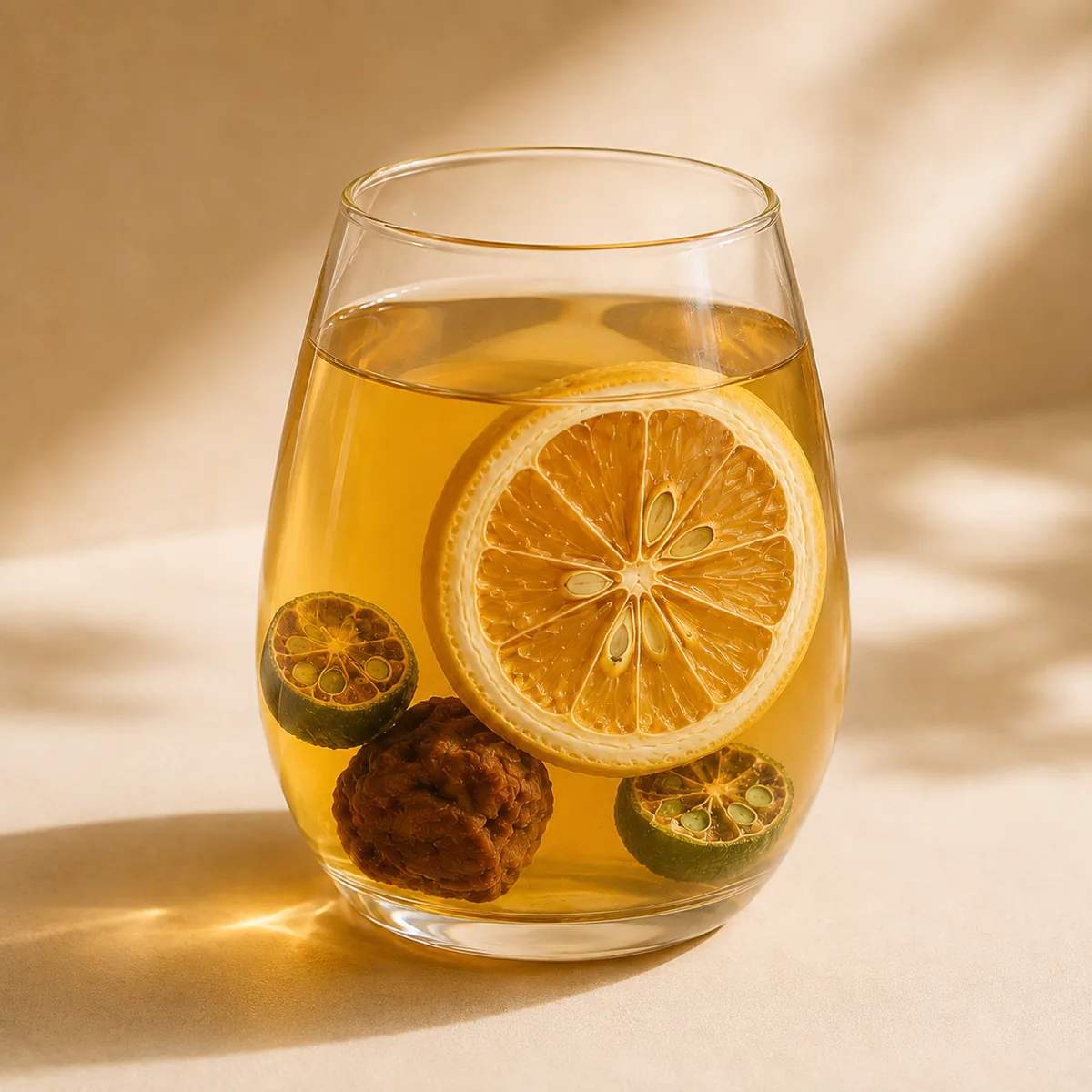 Salted Lemon Tea a close-up brewed glass with large ingredients against the glass wall featuring a large lemon slice, green-kumquat halves and dark preserved plums in a golden infusion