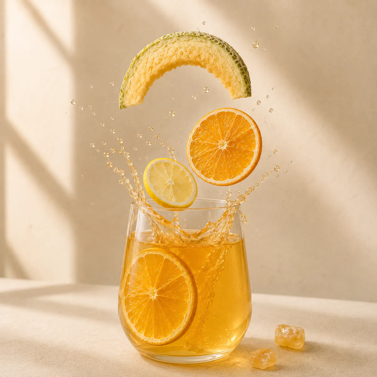Cantaloupe Orange Fruit Tea large intact ingredients entering a brewed glass in a controlled splash featuring curved open half-ring cantaloupe slices, orange slices and lemon slices in a golden infusion